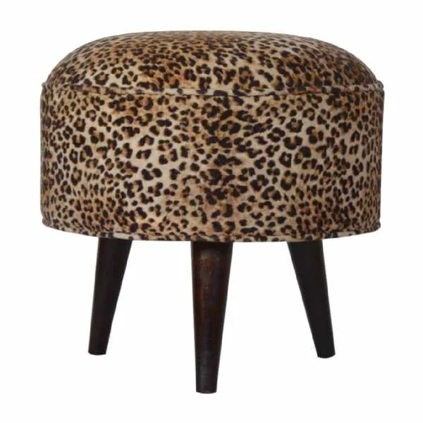 Round Solid Wood Footstool Upholstered With Leopard Print Velvet