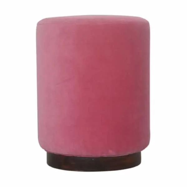 Pink Cotton Velvet Fabric Upholstered Footstool With Walnut Wooden Base