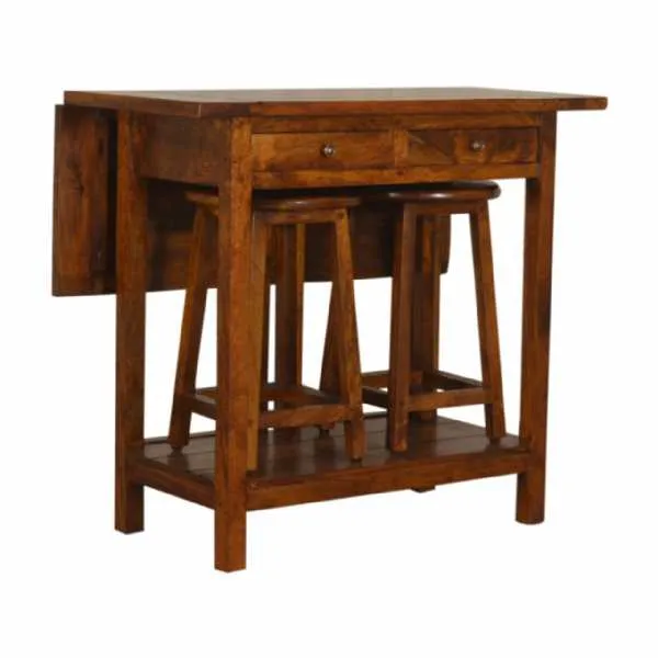 Traditional Style Mango Wood Chestnut Kitchen Breakfast Table With 2 Stools 80x90cm