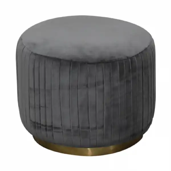 Grey Cotton Velvet Fabric Pleated Round Upholstered Footstool With Gold Base