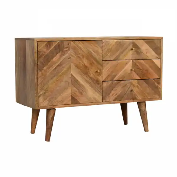 Geometric Patterned 3 Drawer Sideboard Cabinet Oak Finish Solid Wood Framed Nordic Legs