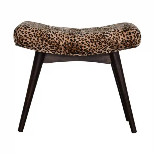 Leopard Print Curved Small Velvet Upholstered Bench Walnut Nordic Style Legs
