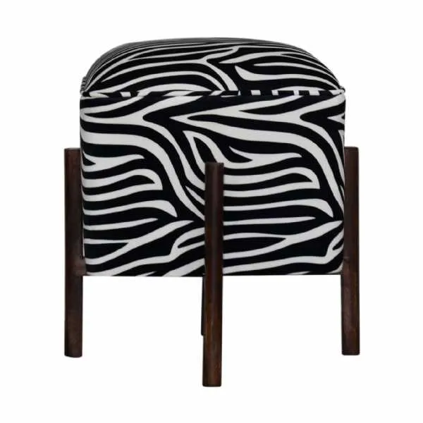 Zebra Print Footstool With Solid Wood Legs