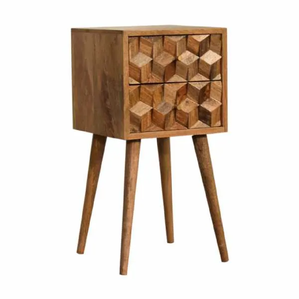Mini Cube Carved Solid Wood 2 Drawer Bedside Table Cabinet Honeycomb Designed