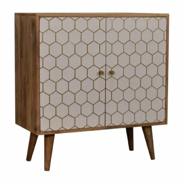 Wooden Small 2 Door Sideboard Cabinet Brass Honeycomb Inlay Patterned