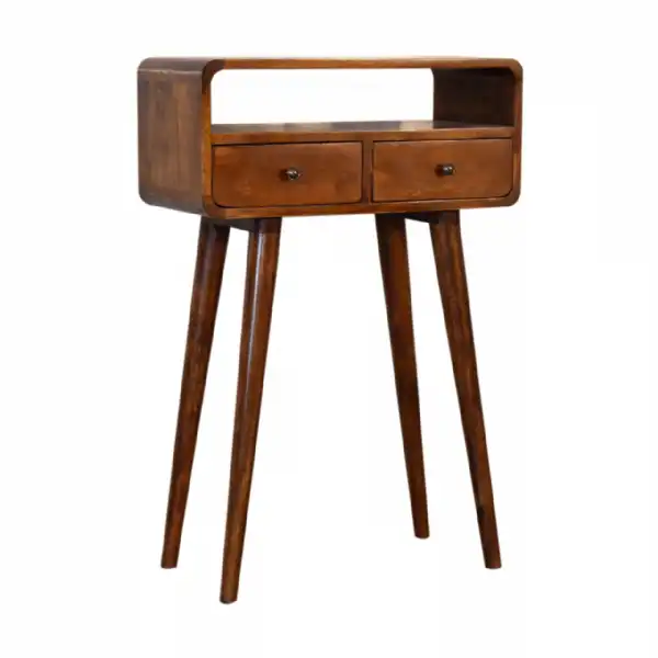 Mini Chestnut Wood Curved 2 Drawer Console Hallway Table with Open Shelf
