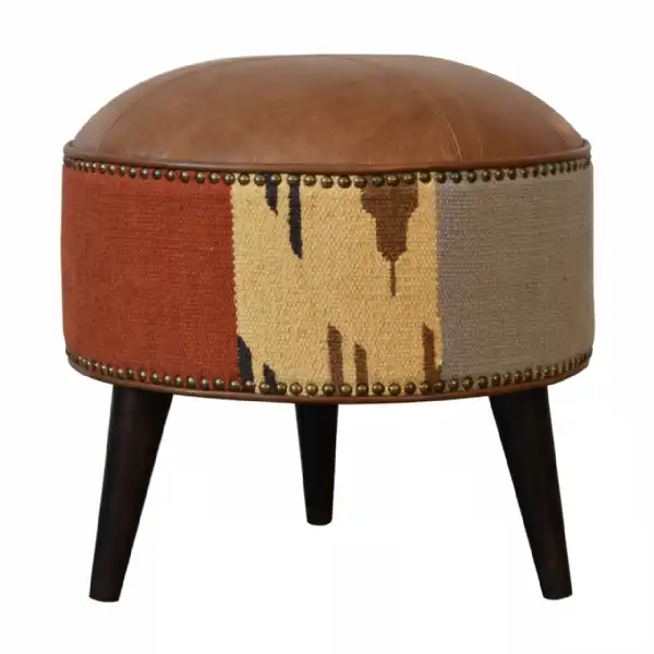 Durrie And Leather Mixed Footstool