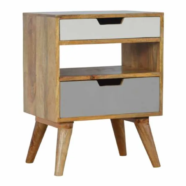 Scandi Style Natural Mango Wood 2 Drawer Bedside Table Cabinet With Shelf