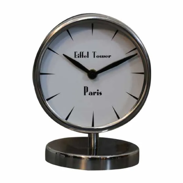 Round Chrome Table Clock With White Face