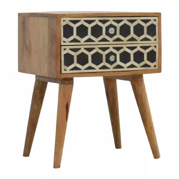 Shabby Chic Wood Bedside Table Cabinet with 2 Hexagonal Bone Inlay Front Drawers