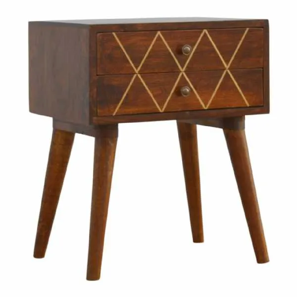 Nordic Style Mango Wood 2 Drawer Bedside Table Cabinet with Gold Wiring Front