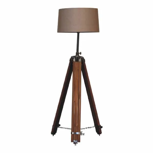 Chrome Plated And Wooden Teak Floor Lamp