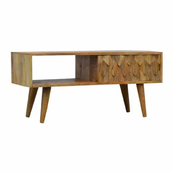 Nordic Style Mango Wood Open Slot Media Unit with A Pineapple Carved Sliding Door 40x88cm