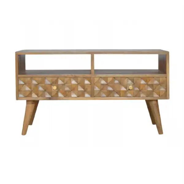 Nordic Style Mango Wood Diamond Carved Front 2 Drawer TV Entertainment Unit 47 x 87cm