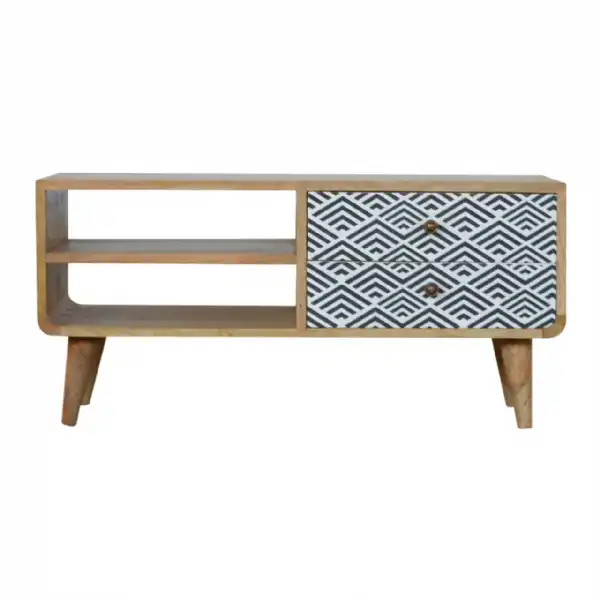 Nordic Style Mango Wood Diamond Monochrome Print 2 Drawer 2 Slot Media Unit 40 x 85cm