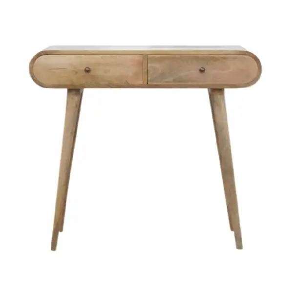 Mango Wood 2 Drawer Console Hall Table Rounded Edges Nordic Style 90cm Wide