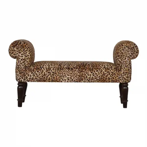 Nordic Mango Wood Leopard Print Velvet Upholstered Bench With Turned Feet 53 x 101cm
