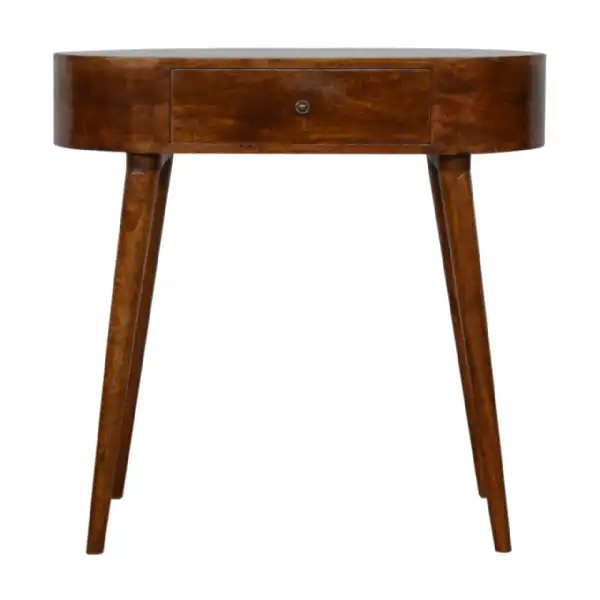 Modern Style Solid Mango Wood Chestnut Rounded Petite Console Hall Table with Drawer 78x80cm