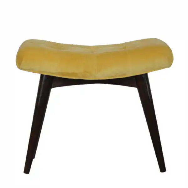 Foot Stool Bench Seat in Mustard Yellow Velvet With Deep Button Studs and Solid Wood Legs