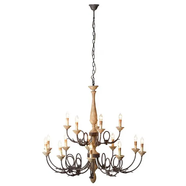 12 Arm Rustic Turned Wooden Chandelier With Chain