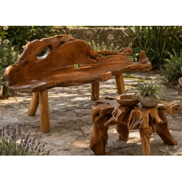 Natural Teak Root Organic Carved Medium Bench