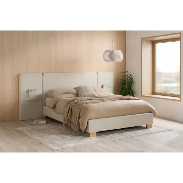 Beige Fabric King Size Bed Wide Panelled Headboard