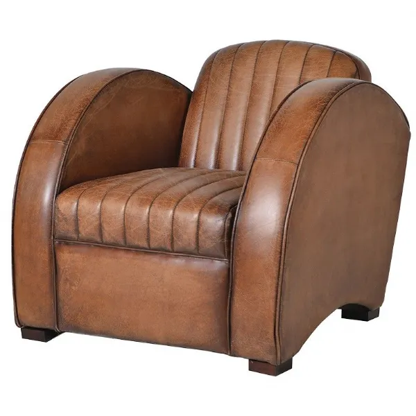 Vintage Art Deco Tan Aged and Ribbed Leather Rocket Armchair
