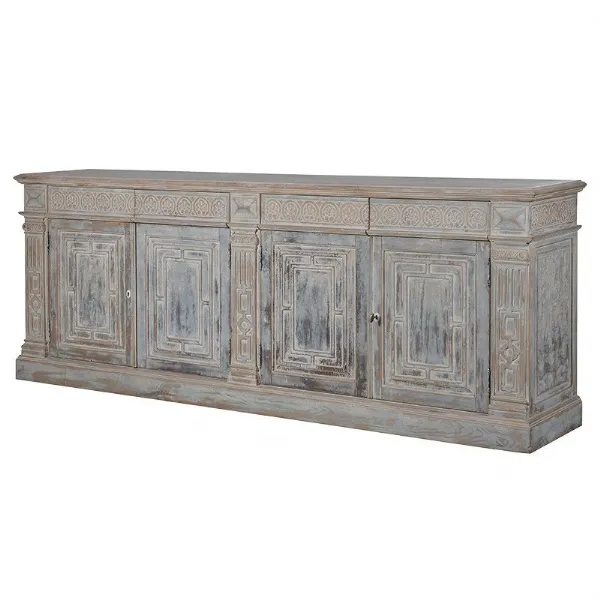 Unique Large Distressed Wooden Carved Sideboard