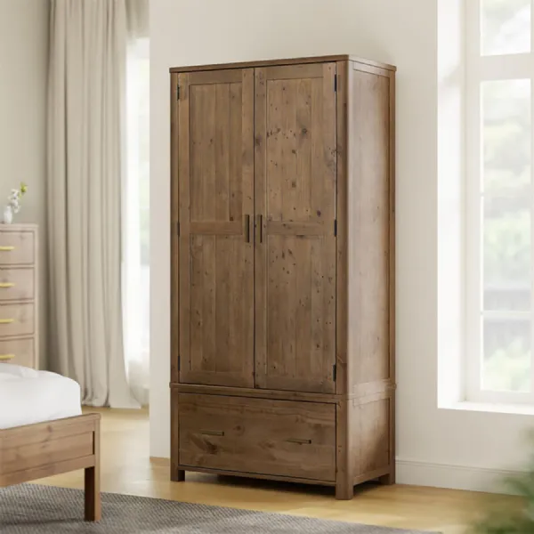 Rustic Solid Wood 2 Door Double Wardrobe with Drawer