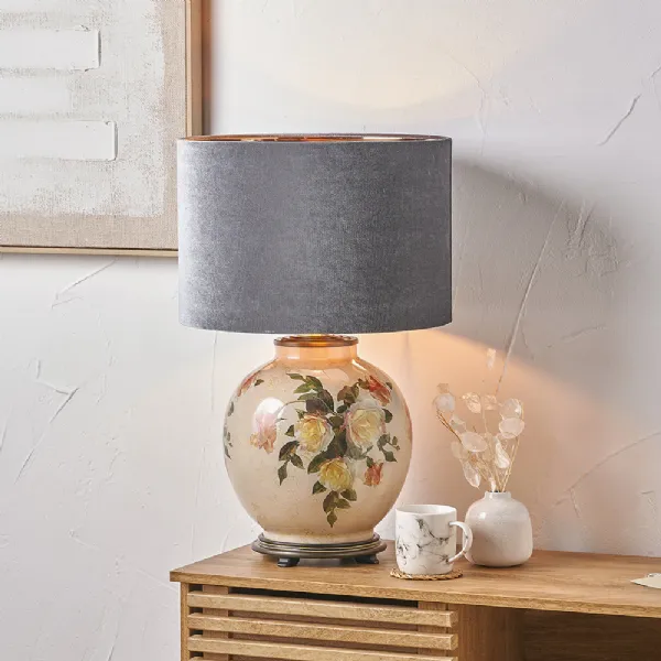 Floral Design Glass Table Lamp Slate Velvet Cylinder Top