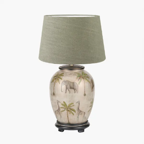 Safari Medium Glass Table Lamp Base with Milos 35cm Pistachio Green Linen Tapered Lampshade