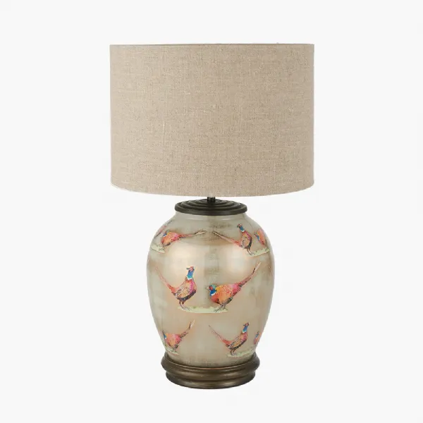 Pheasant Medium Glass Table Lamp Base with Edward 30cm Natural Linen Cylinder Lampshade