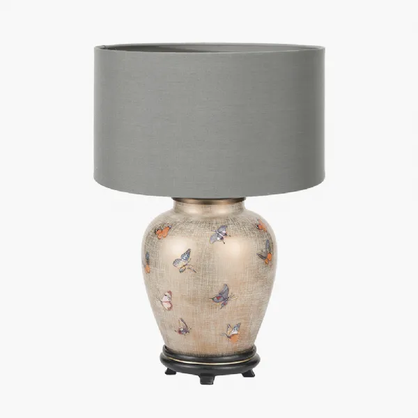 Butterflies Small Glass Table Lamp Base with Harry 25cm Steel Grey Cotton Mix Cylinder Lampshade