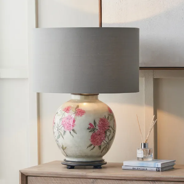 Champagne Glass Floral Table Lamp Grey Cylinder Lampshade