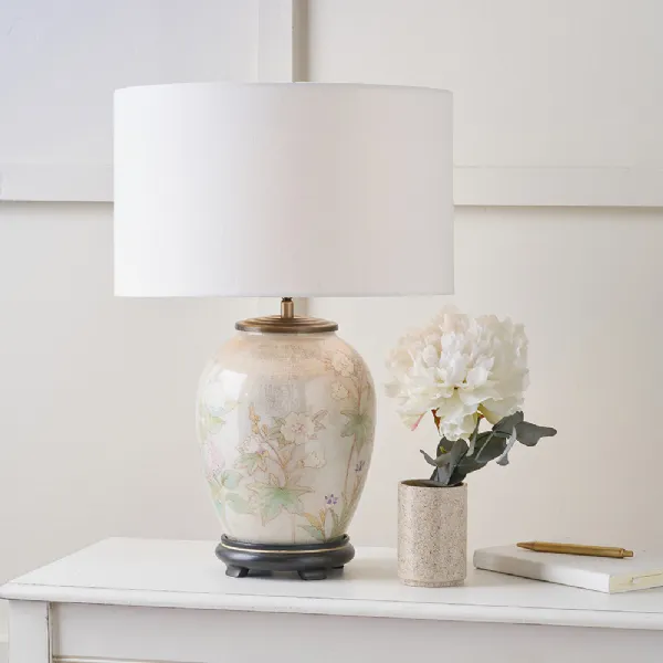 Floral Glass Table Lamp White Handloom Cylinder Lampshade