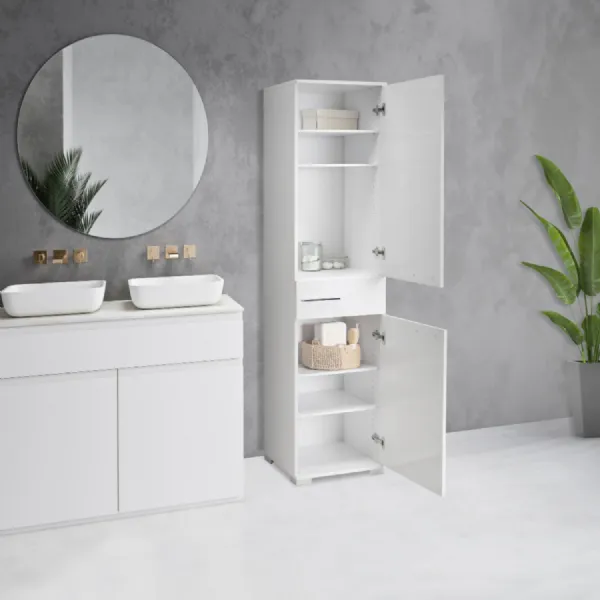 Adore White High Gloss 2 Door Storage Unit with Central Drawer Multi Purpose Cabinet