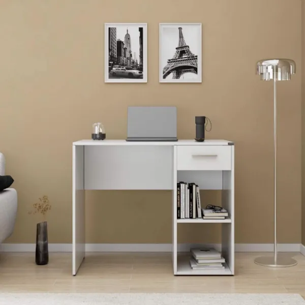 Adore Matt White Study Desk with Drawer And Shelves