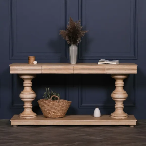 Natural Wood Large 2 Drawer Console Table Pedestal Base