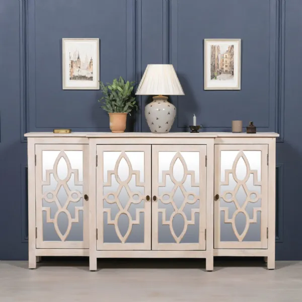 Rustic Wood Large Sideboard with 4 Breakfront Mirrored Doors