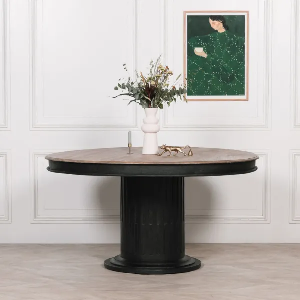 Black Wood Large Round Dining Table Column Base 6 Seater