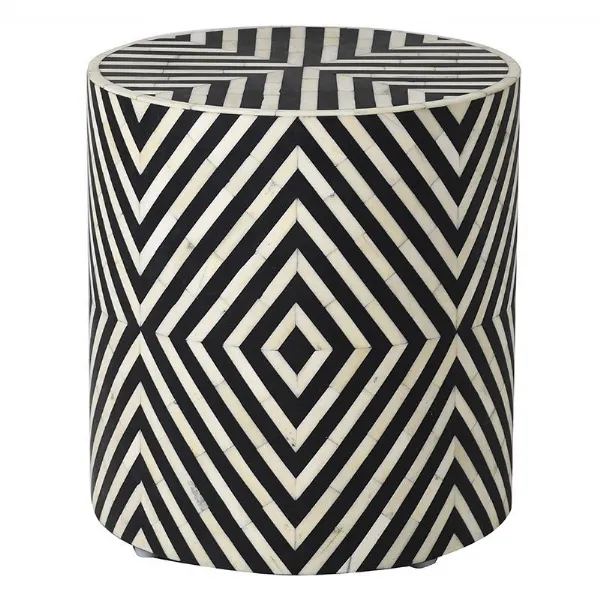 Matrix Bone Inlay Stool Geometric Pattern Black and White Round Shaped