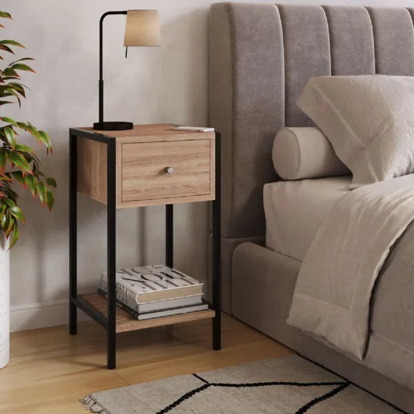 Oak Effect Wood 1 Drawer Bedside Table Side Metal Frame