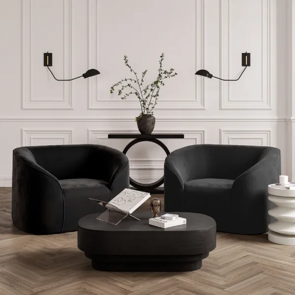 Modern Oval Black Coffee Table with Wood Grain Finish