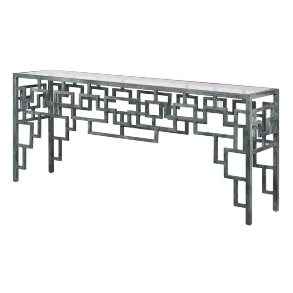Verdigris Glass Top Geometric Console Table