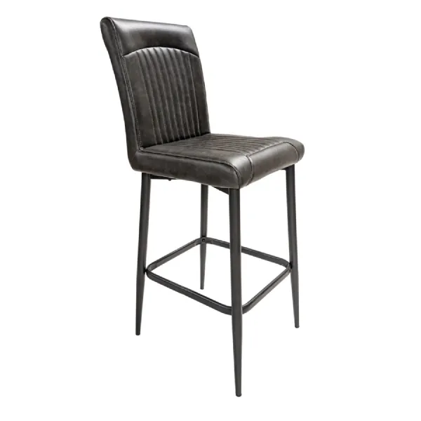 Grey Vegan Leather Barstool with Padded Backrest and Steel Base