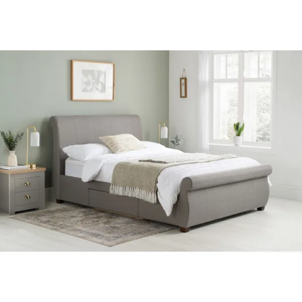 Grey Fabric 2 Drawer King Size Sleigh Bed Rolled Headboard