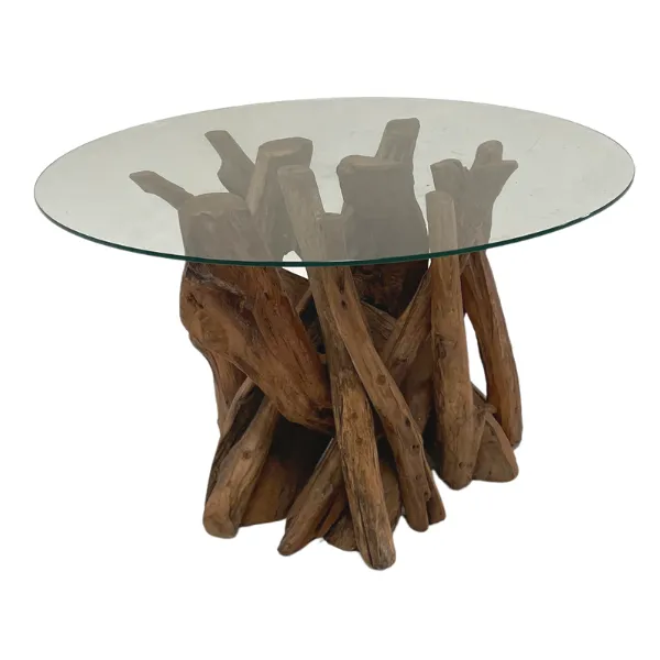 Modern Round Brown Teak Root Coffee Table with Tempered Glass Top