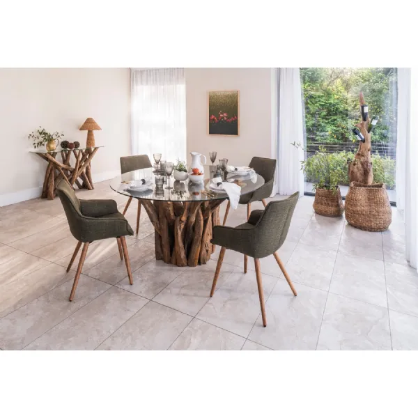 Brown Teak Branchwood Round Glass Top 4 Seater Dining Table