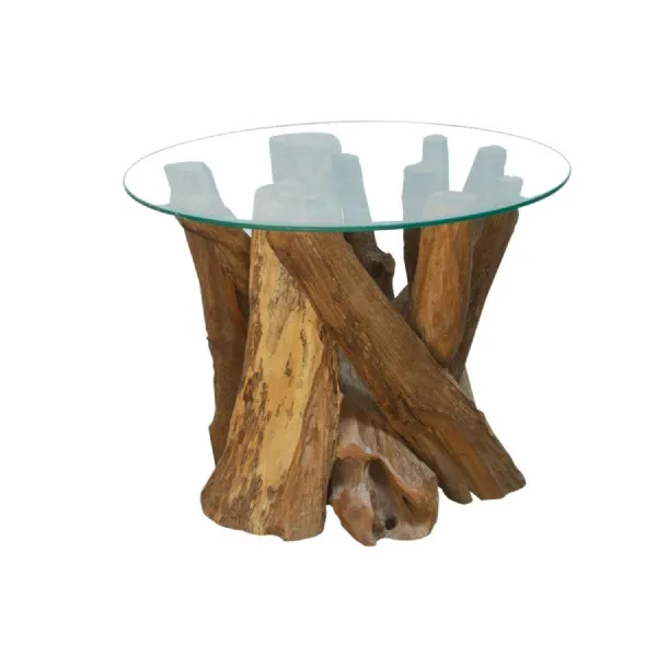 Rustic Teak Root Round Coffee Table with Tempered Glass Top