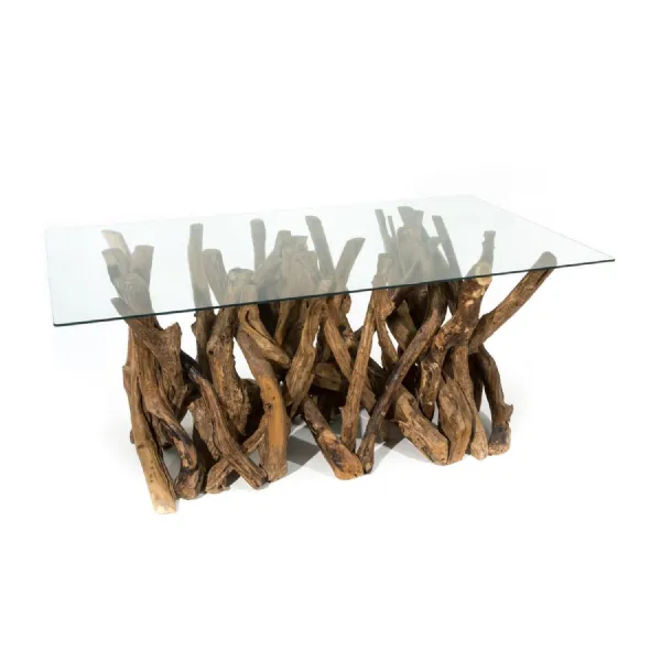 Modern Natural Teak Root Glass Top Rectangular 6 Seater Dining Table